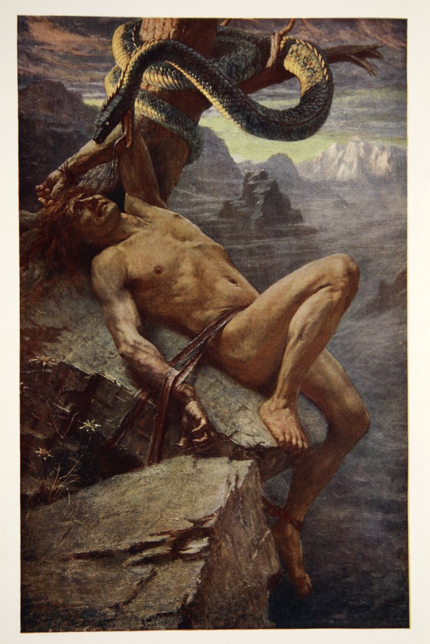 Punishment of Loke, frontispice fra "Teutonic Myths and Legends" av Donald A. Makenzie av James Doyle Penrose