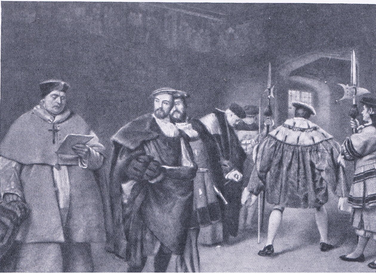 Avskjedigelse av kardinal Wolsey av kong Henry VIII, fra Cassells History of the British People utgitt av Waverley Book Company, ca. 1950-tallet av James Dromgole Linton