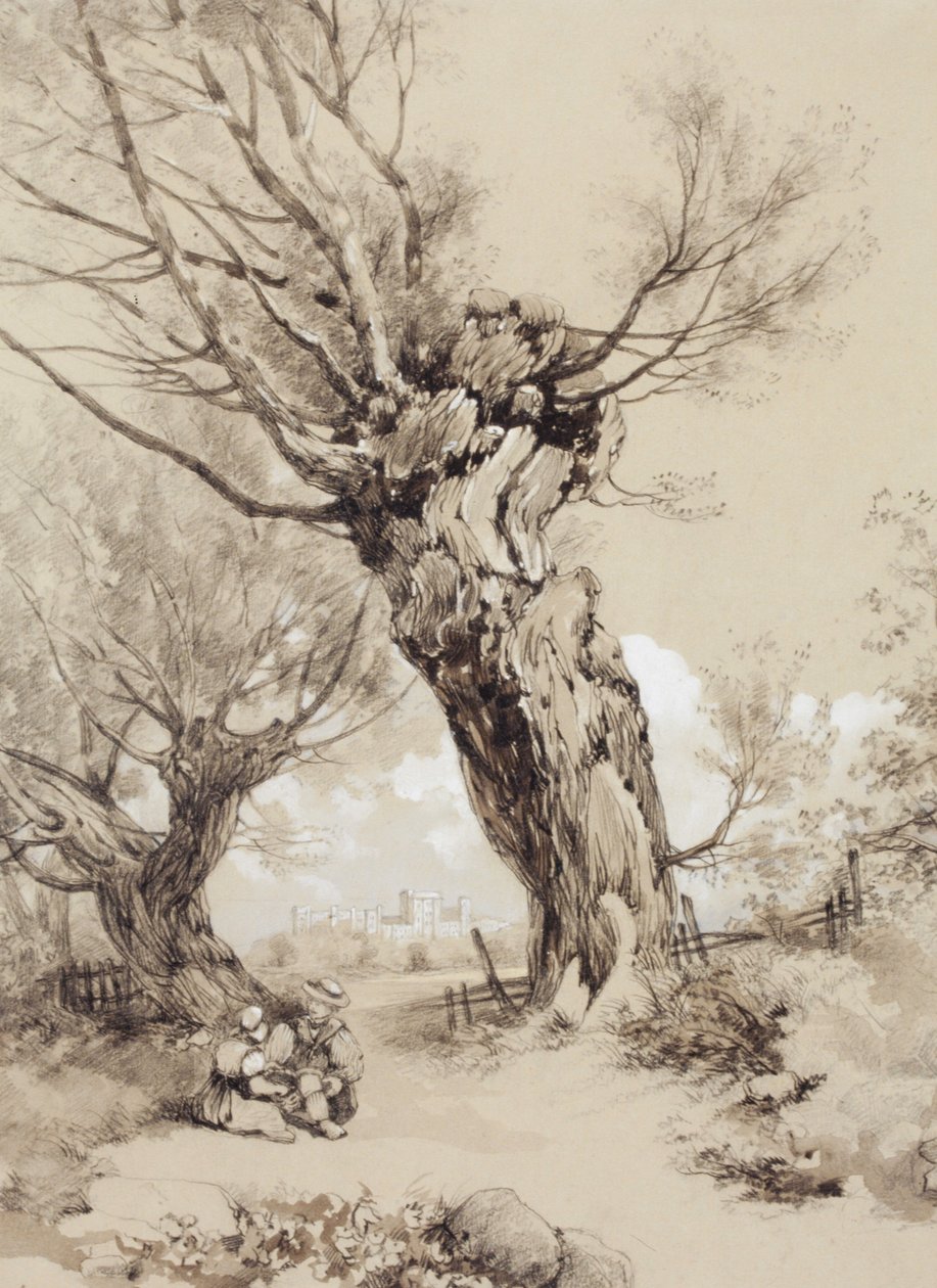 Landskap med figurer under styvede trær av James Duffield Harding