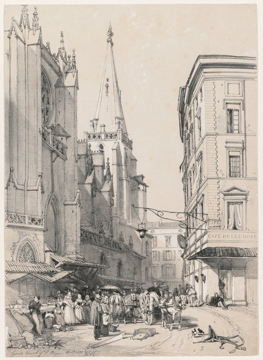 Skisser hjemme og i utlandet: Lyons Church of St. Hezier, oktober 1832, 1832. av James Duffield Harding