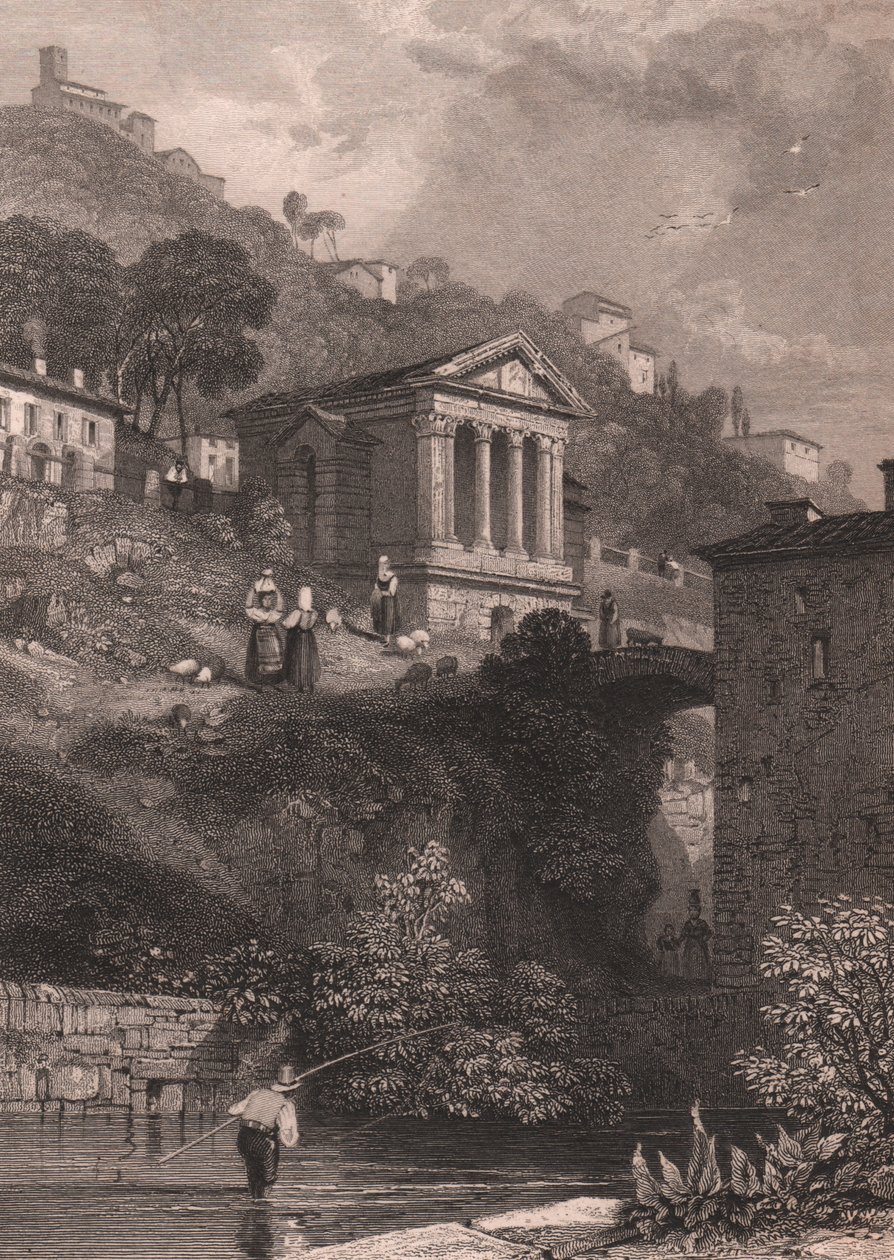 Utsikt over Temple of Clitumnus langs Clitunno-elven nær Campello sul Clitunno, Umbria, Italia, stålgravering av Jordan etter tegning av James Duffield Harding (1798-1863), ca. 10, 5x15 cm av James Duffield Harding