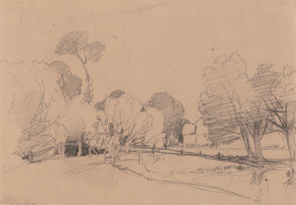 Willows by a Stream, Horse and Cart Crossing Bridge av James Duffield Harding