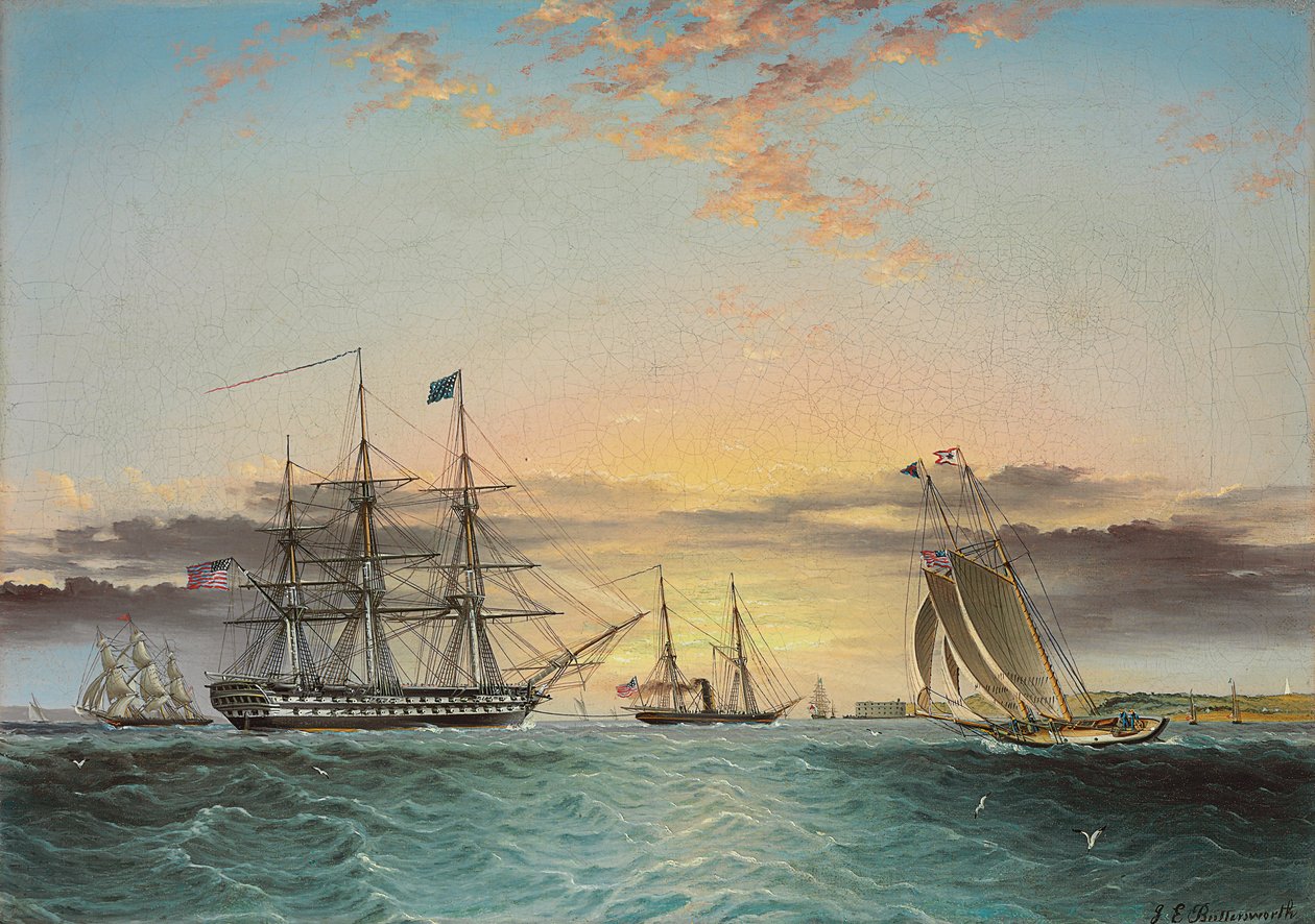 U.S.S. Ohio under slep i Lower Bay, New York med utsikt over Fort Hamilton av James E. Buttersworth