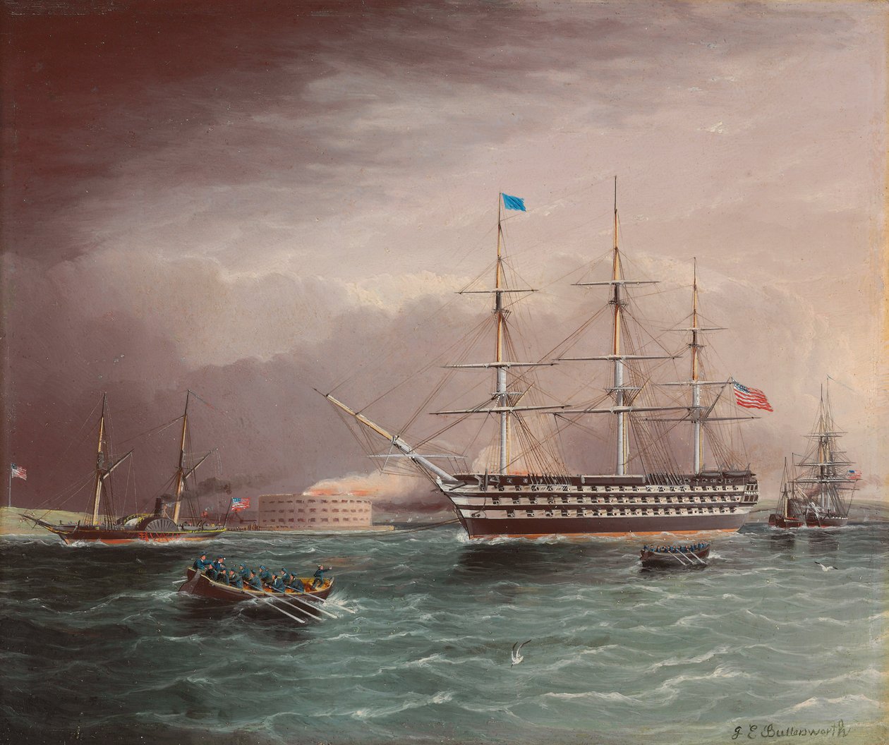 U.S.S. Pennsylvania under slep ved utbruddet av den amerikanske borgerkrigen med Fort Monroe i bakgrunnen av James E. Buttersworth