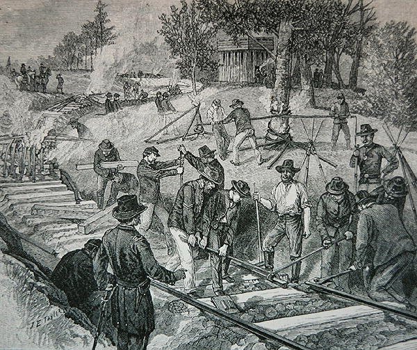 Tropper ødelegger et jernbanespor (gravering) av James E. Taylor