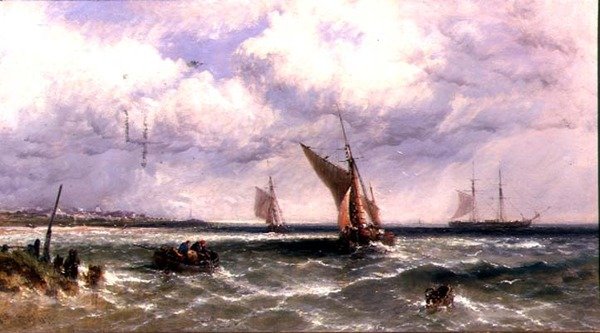 Fiskebåter kommer til land med en to-master ved anker bortenfor av James Edwin Meadows