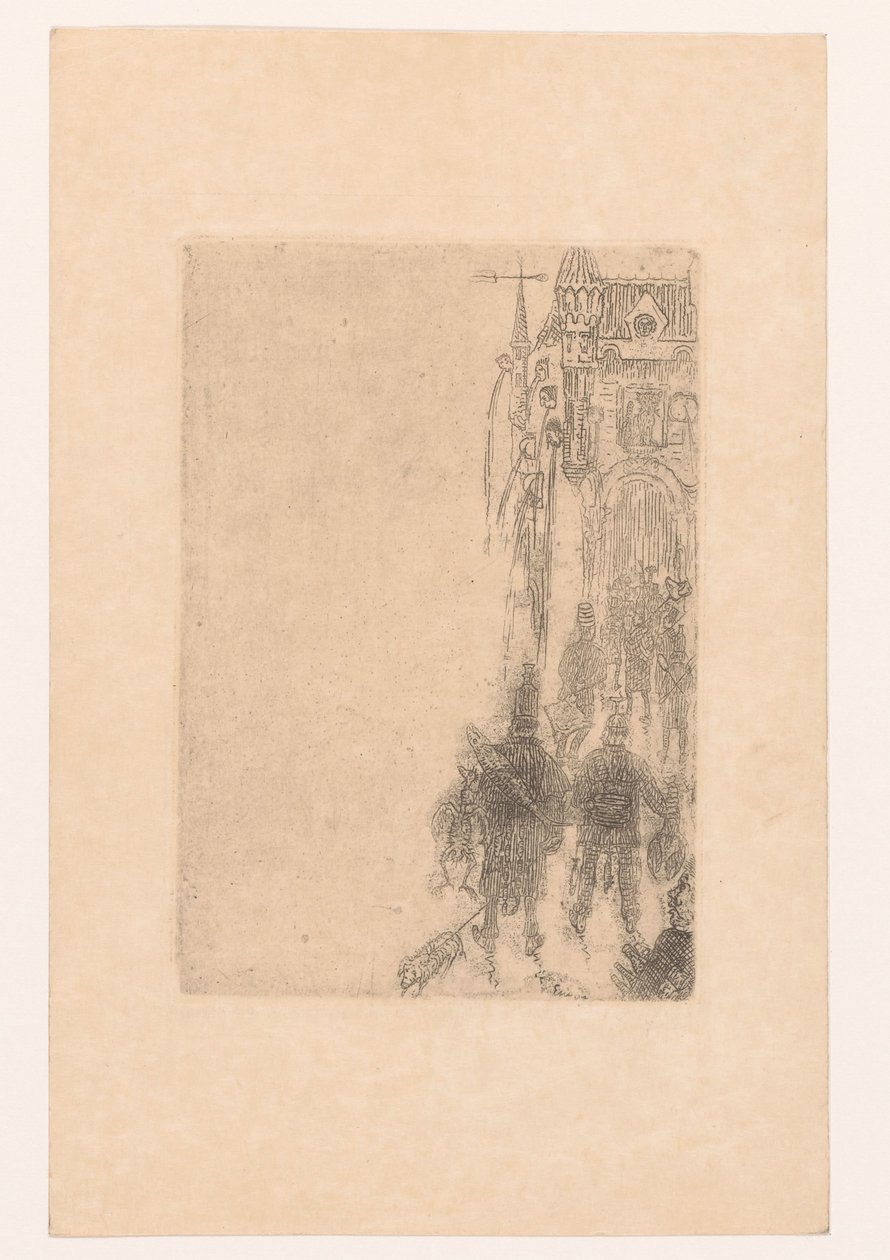 Figurer går mot en port med kjøtt og fisk Meny for Charles Vos av James Ensor