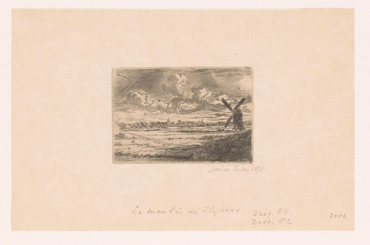 Utsikt over Slijkens med en mølle i forgrunnen Moulin og Slijkens av James Ensor