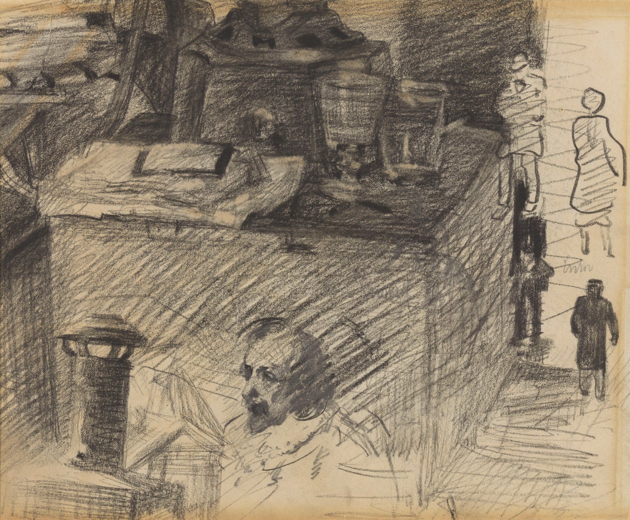 Hjørne i atelieret med ovnsfot, kasse og figurer av James Ensor