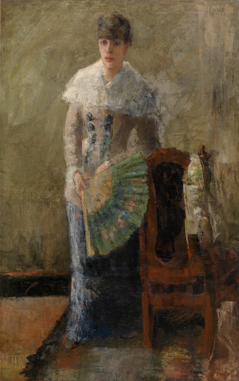 Dame med vifte (olje på lerret, montert på panel) av James Ensor