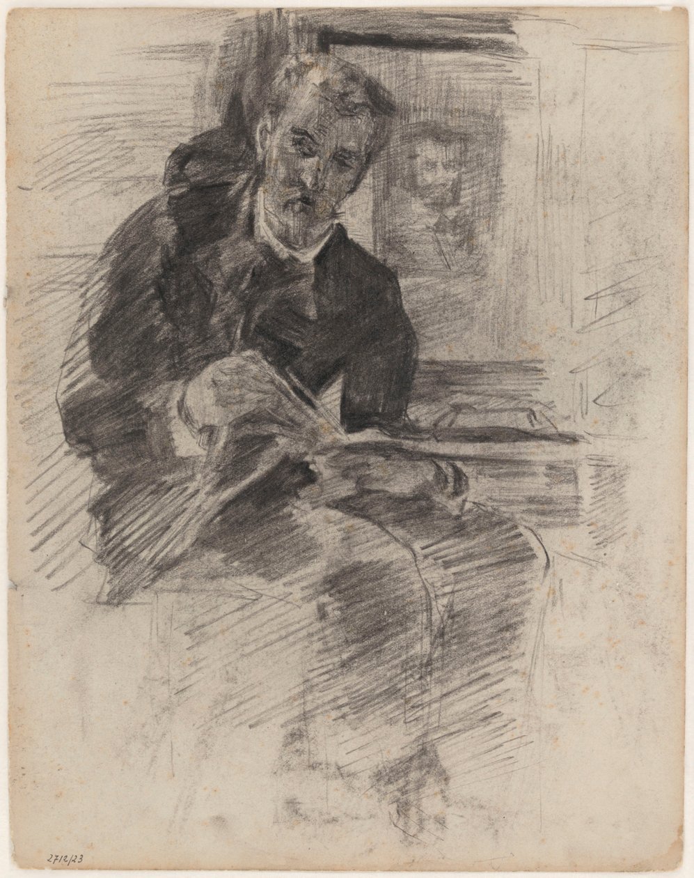 Lesende mann (faktisk: Willy Finch sittende ved et bord med palett og pensler i hånden) av James Ensor
