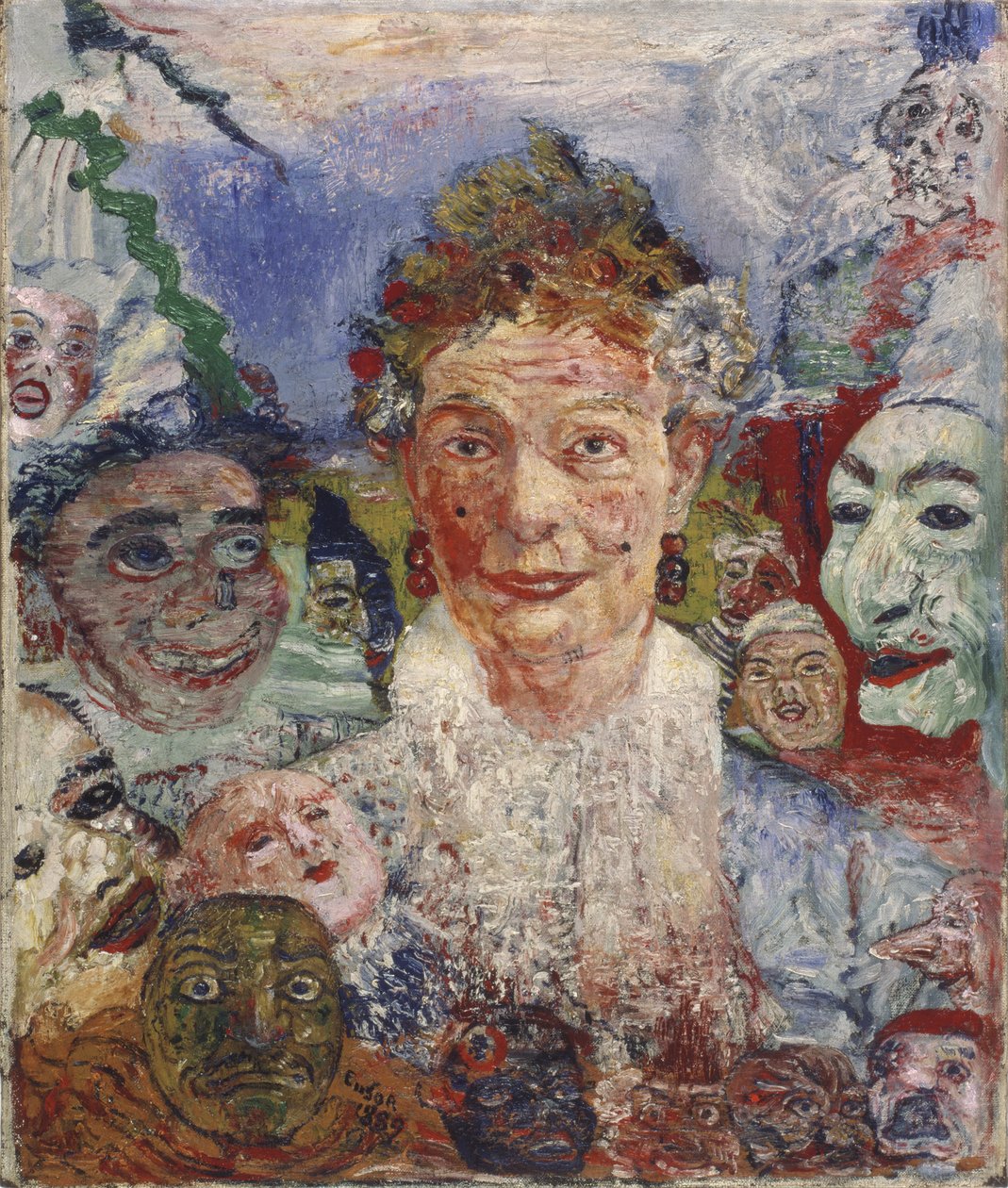 Gammel dame med masker, 1889 av James Ensor