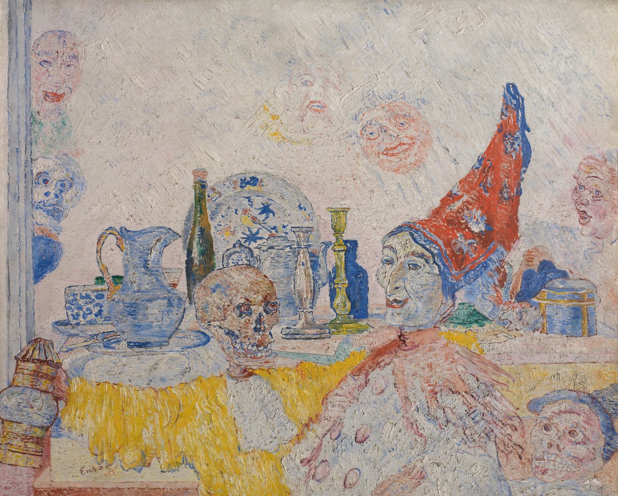 Pjerrot og skjelett i en gul kappe av James Ensor