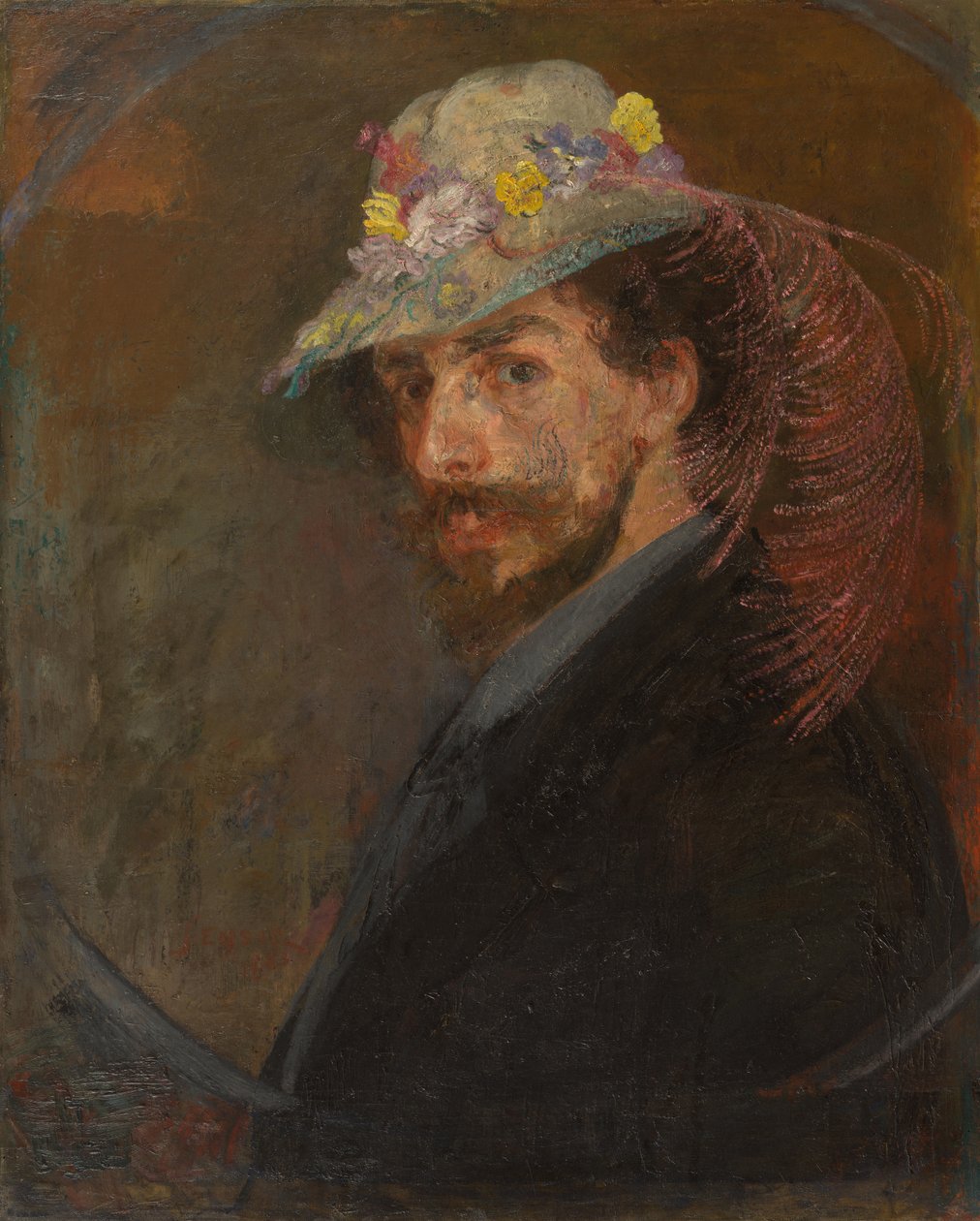 Selvportrett i hatt med blomster av James Ensor