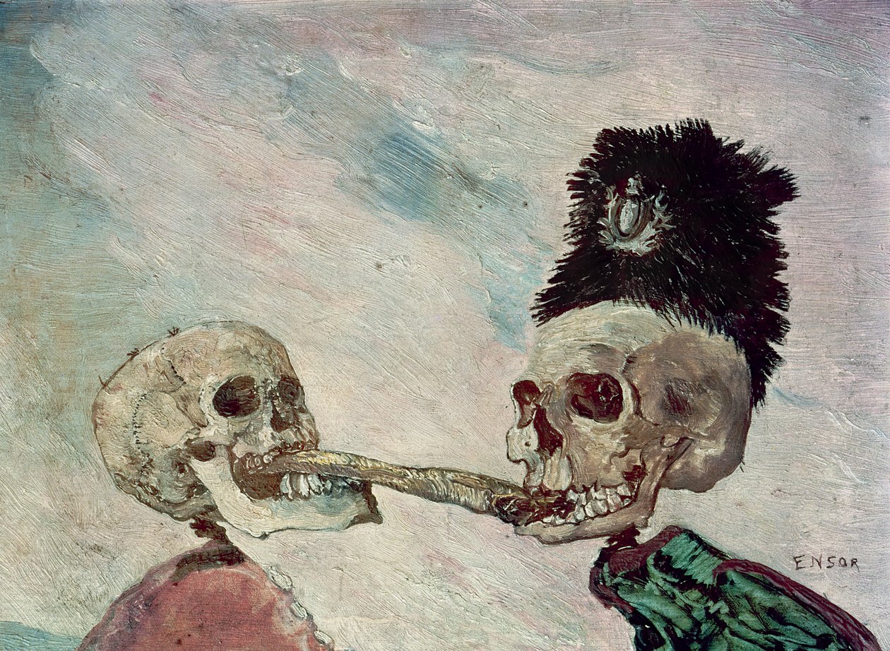 Skjeletter som kjemper om en sild (olje på panel) av James Ensor