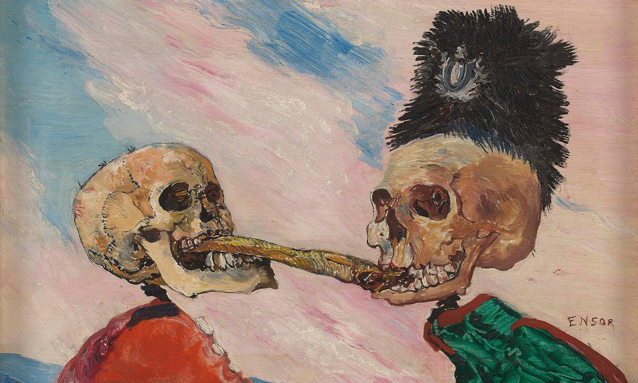 Skjeletter som kjemper om en syltet sild, 1891. av James Ensor
