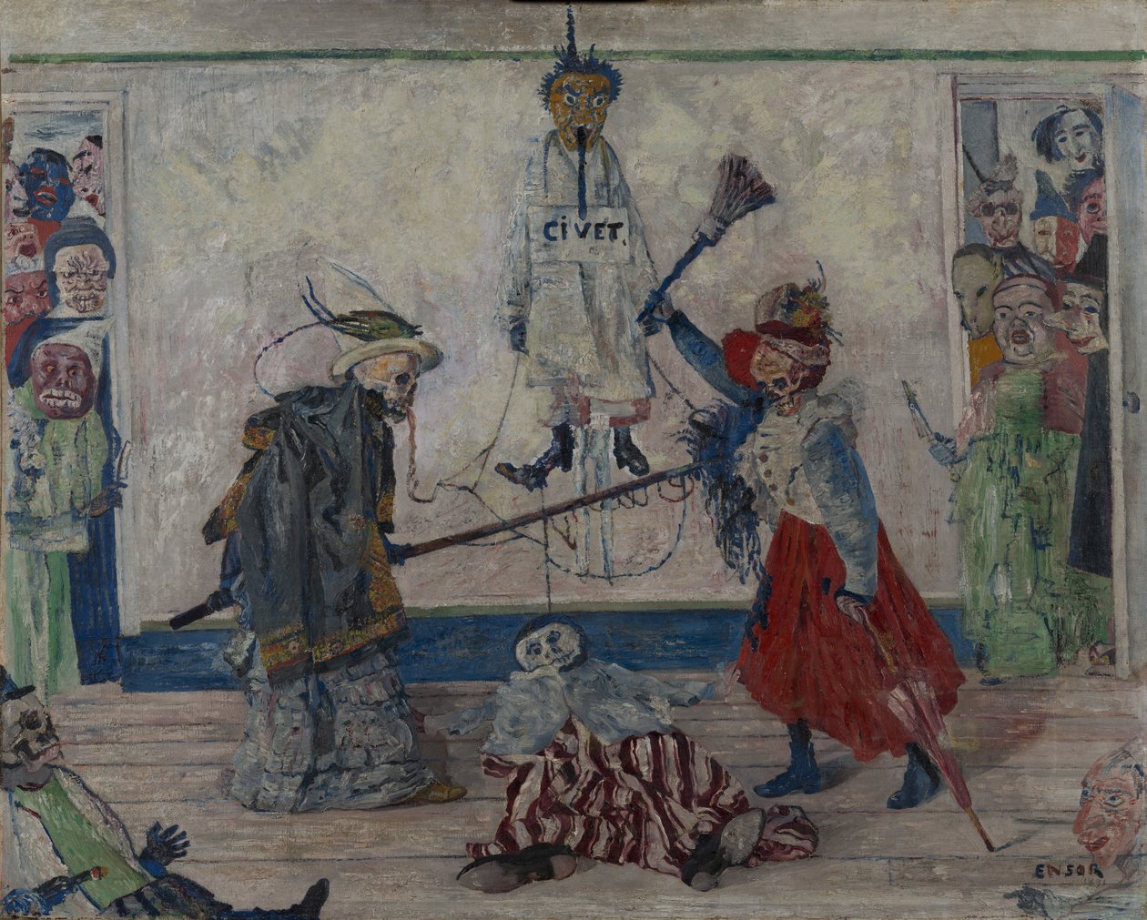 Skjeletter som slåss om kroppen til en hengt mann av James Ensor