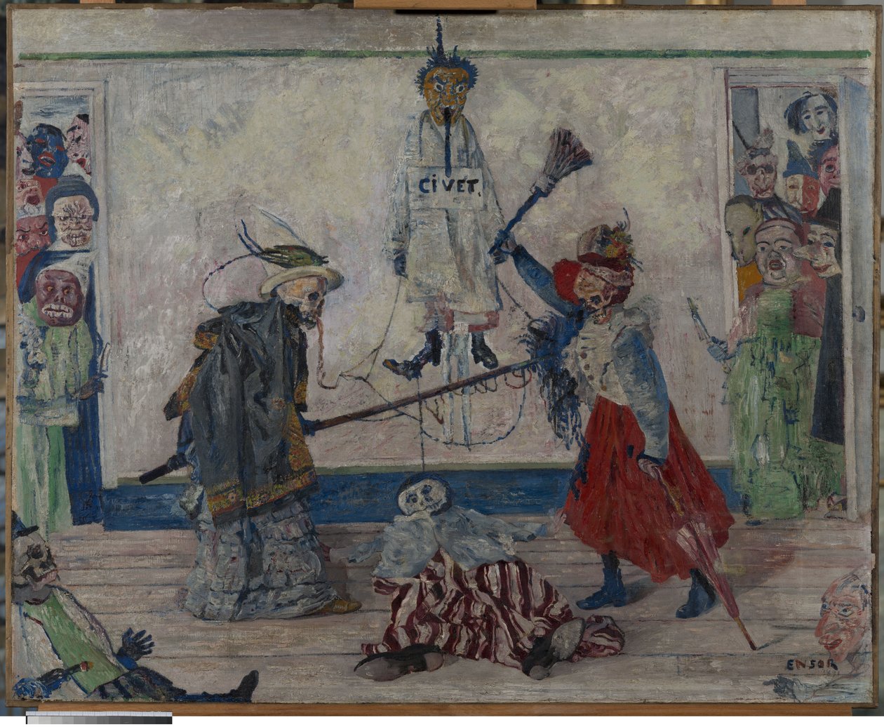Skjeletter som slåss om kroppen til en hengt mann av James Ensor