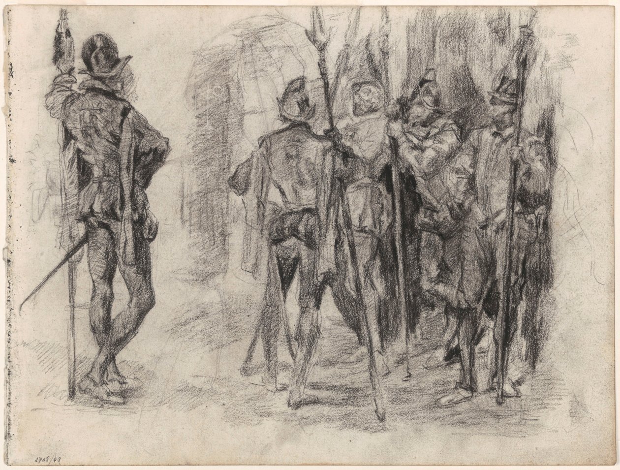 Skisser av figurer og fem spanske soldater med lanser av James Ensor