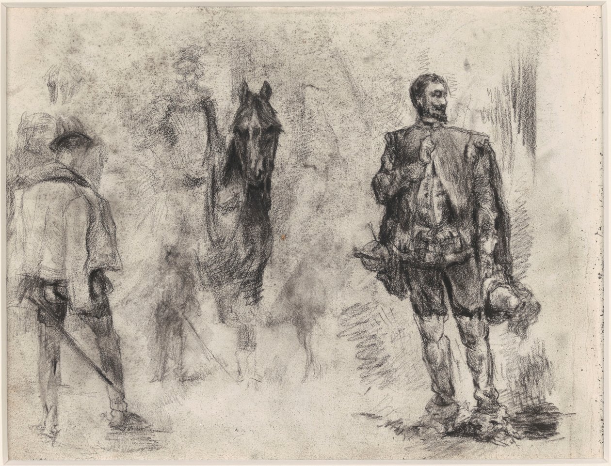 Spanjol sett bakfra, rytter og spanjol med én løftet finger av James Ensor