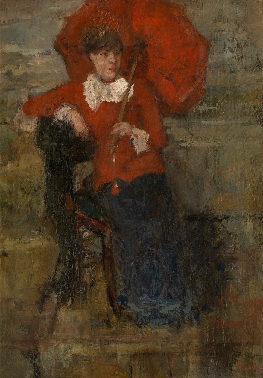 Damen med rød parasoll (olje på lerret) av James Ensor