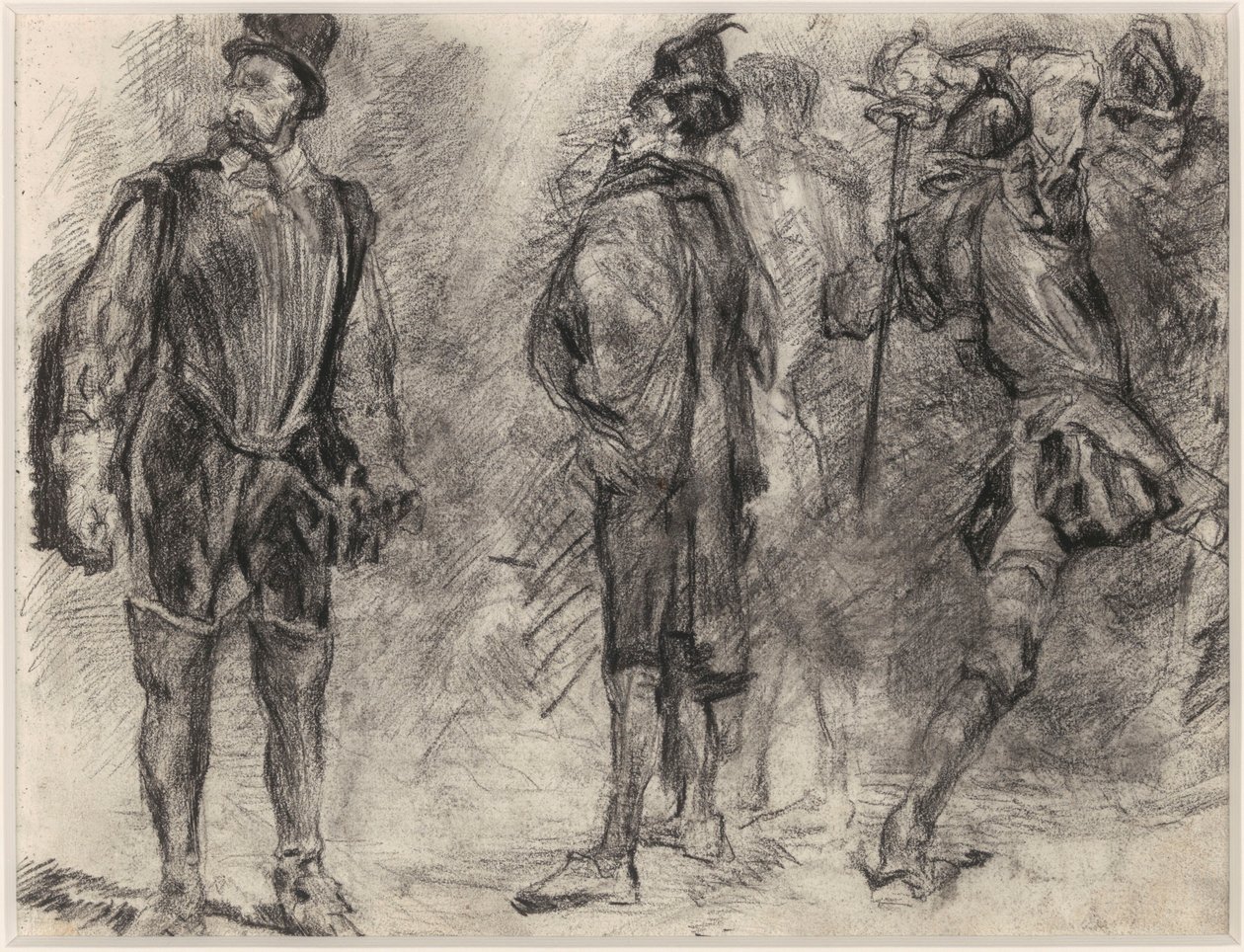 Tre spanske soldater, én av dem svinger et sverd av James Ensor