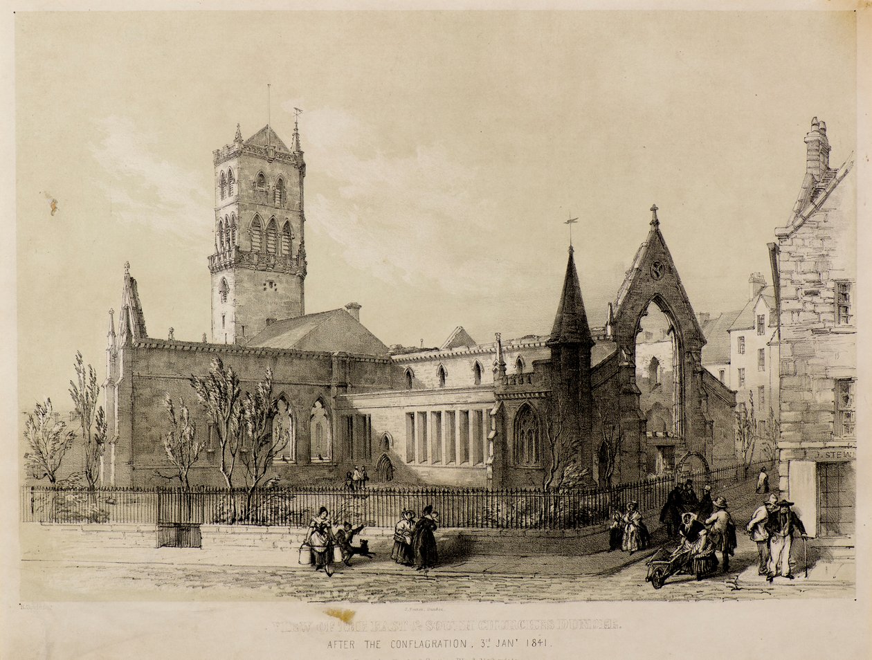 Utsikt over øst- og sørkirkene, Dundee, etter brannen, 3. januar 1841 av James Fenton