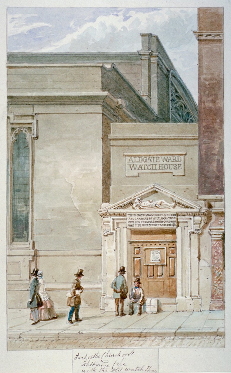 Delvis utsikt over St Katherine Cree og Aldgate Watch House, City of London, 1830 av James Findlay