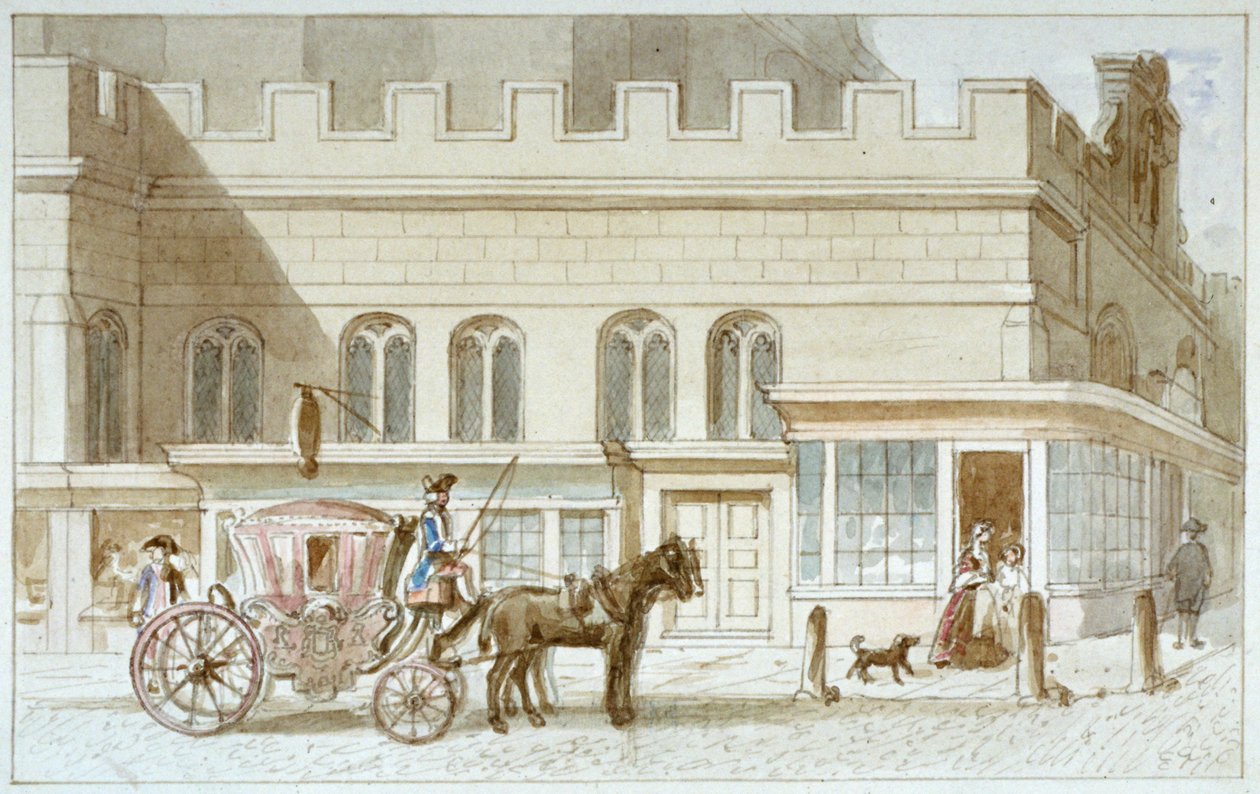 Butikkfronter ved St Dunstan-in-the-West, Fleet Street, City of London, 1820 av James Findlay