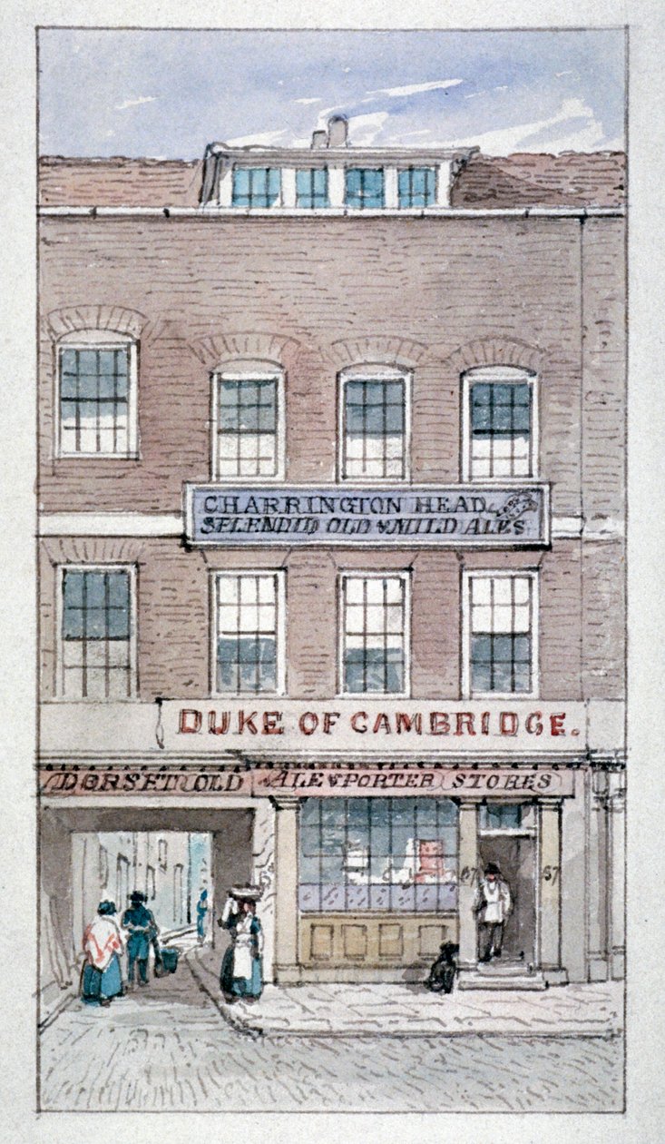 Utsikt over Duke of Cambridge Tavern, Shoe Lane, City of London, c1840. av James Findlay