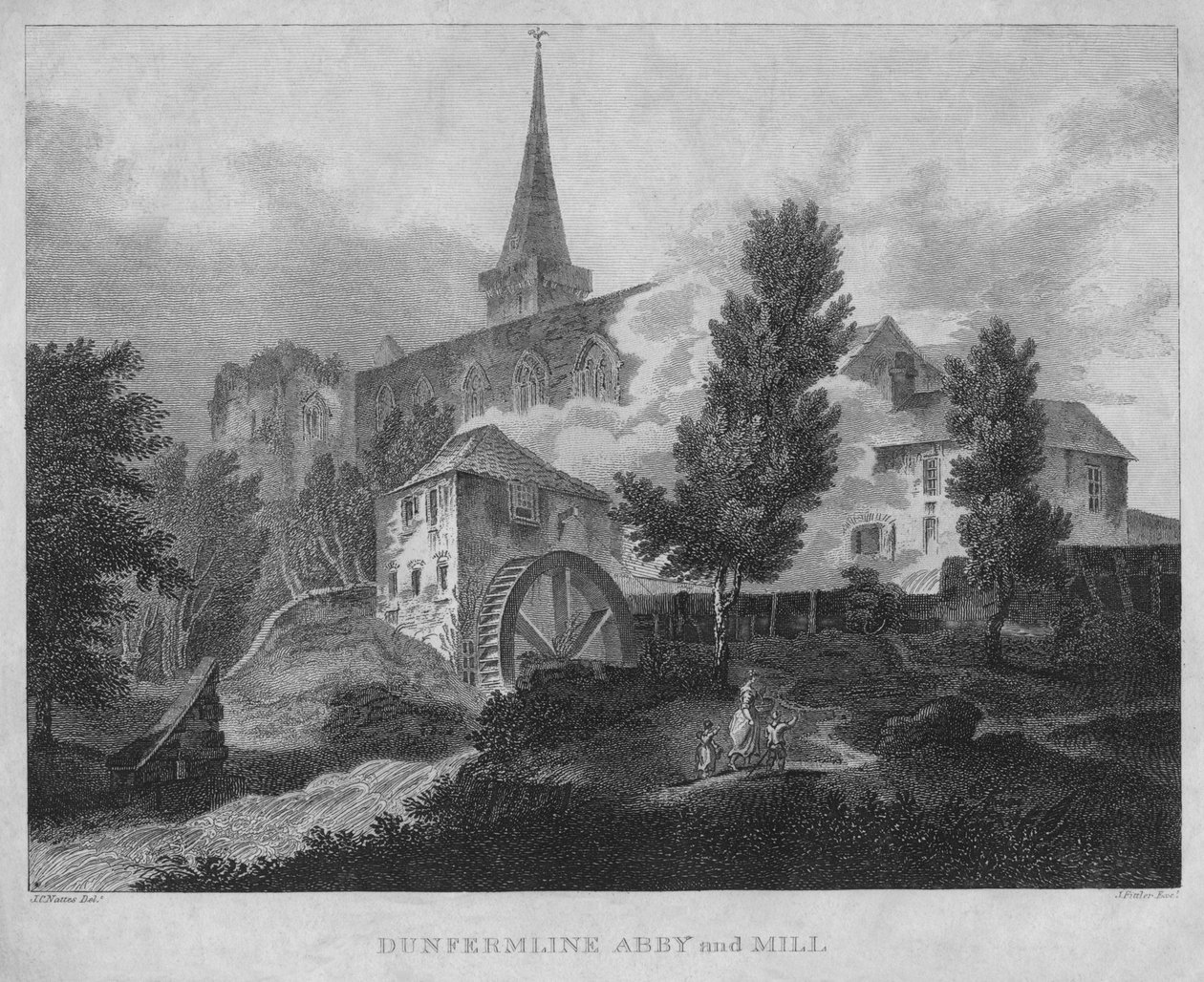 Dunfermline Abby og Mill, 1804 av James Fittler