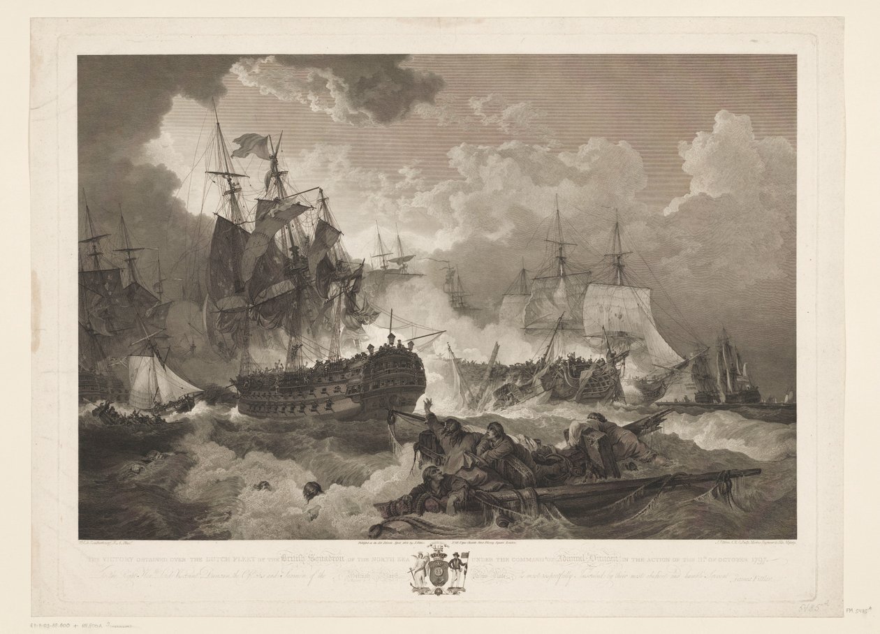 Slag bij Kamperduin, 1797 Seieren oppnådd over den nederlandske flåten av den britiske skvadronen i Nordsjøen under kommando av admiral Duncan i aksjonen 11. oktober 1797 (tittel på objekt) av James Fittler