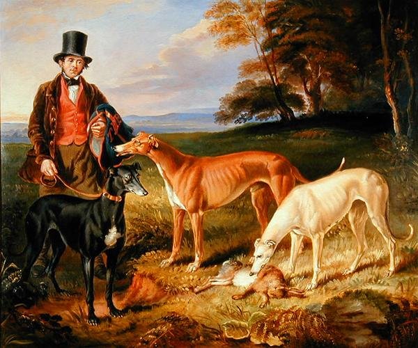 Thomas Harris, Kennel-Man til Tom Llewelyn Brewer, med Greyhounds av James Flewitt Mullock