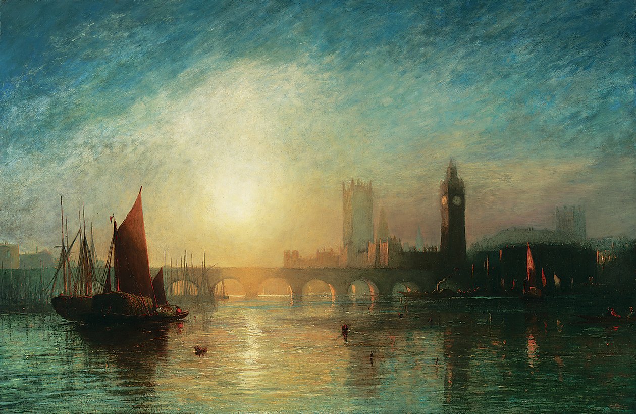 Utsikt over Westminster Bridge og Houses of Parliament, med høyflåte og annen frakt i forgrunnen, 1869 av James Francis Danby