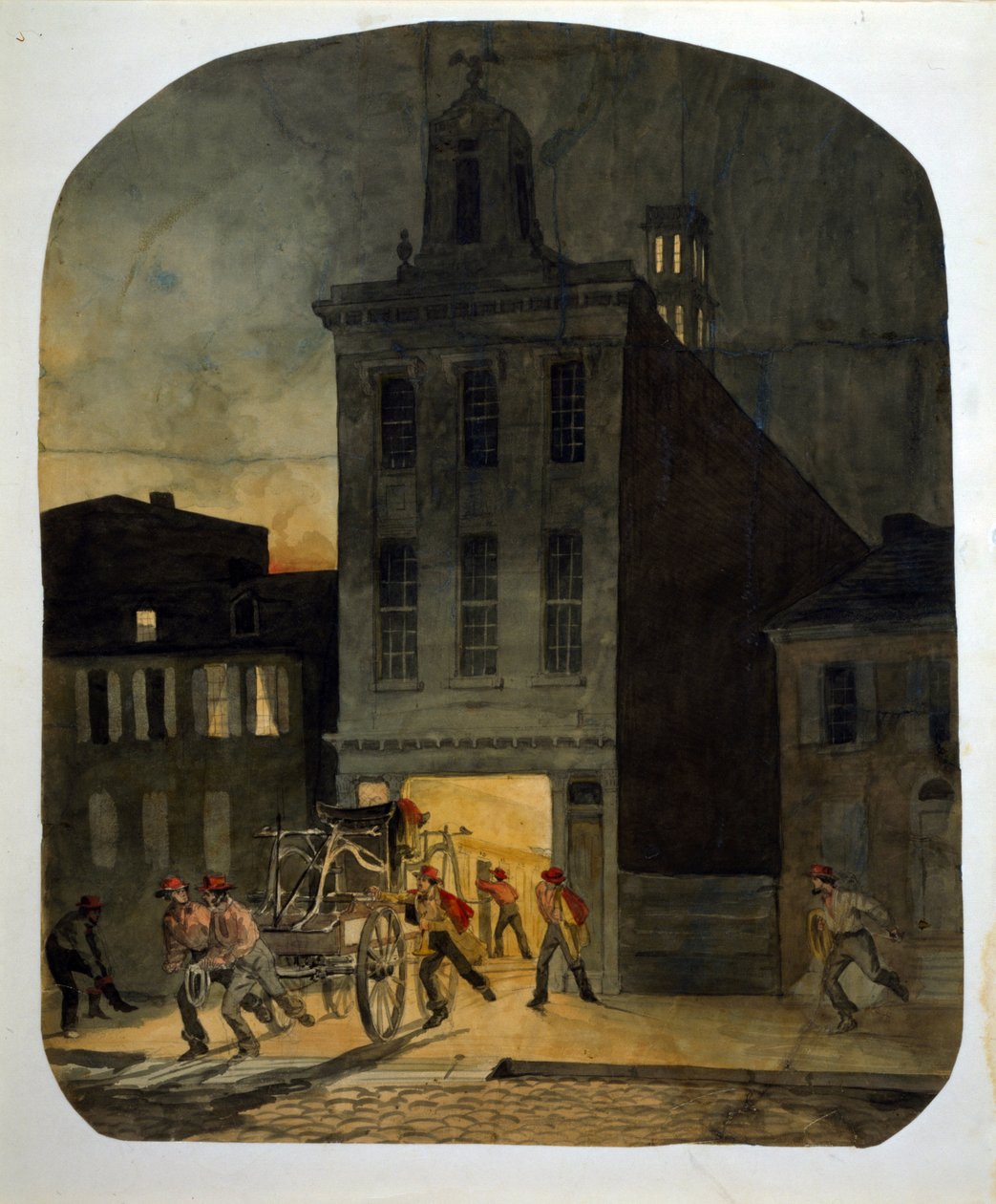 Philadelphia brannvesen forlater brakkene for å gå til brannstedet. Akvarell av James Fuller Queen (1820-1866) 1857. av James Fuller Queen