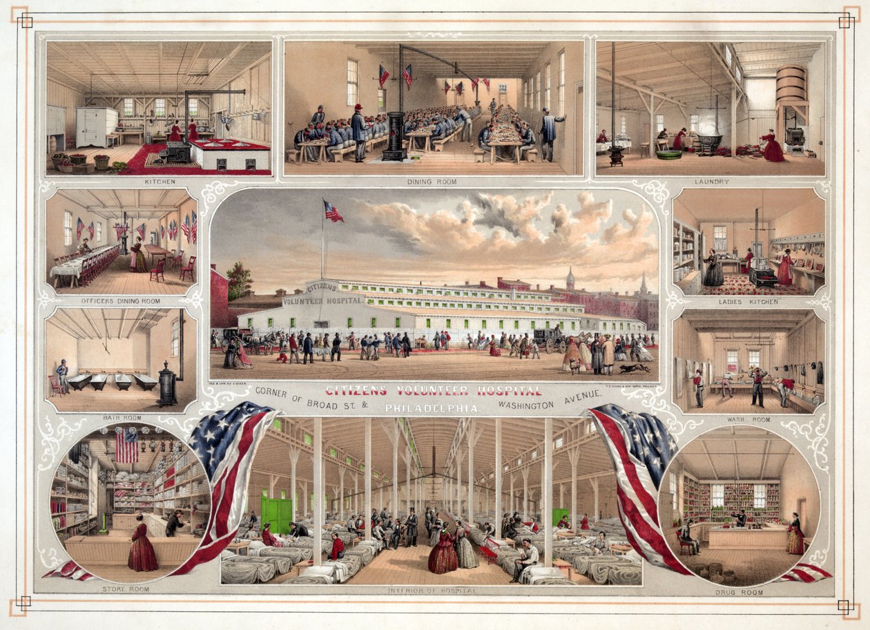 Plakat for Citizens Volunteer Hospital, Philadelphia, pub. 1862 av James Fuller Queen