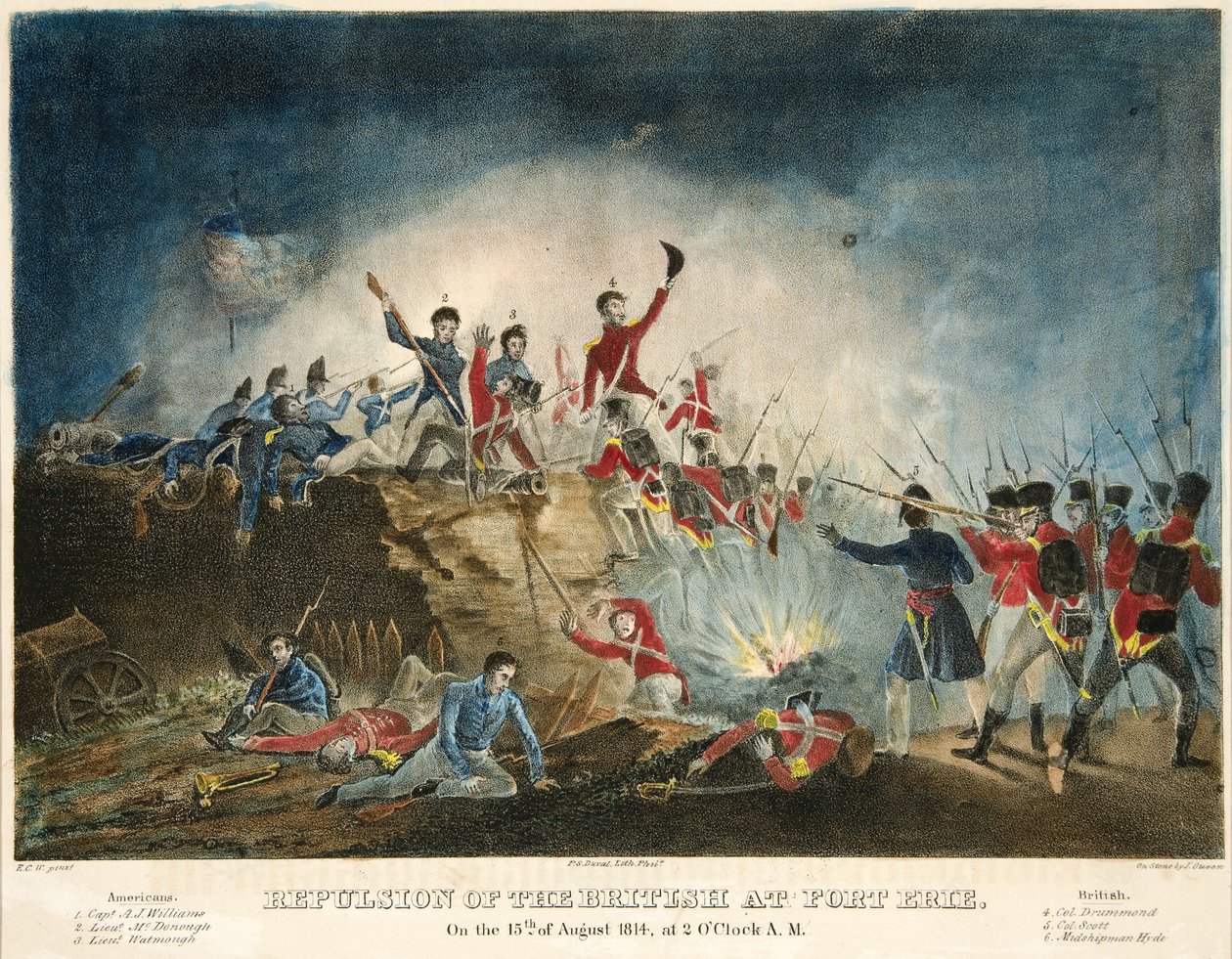 Frastøtelse av britene i Fort Erie, 15. august 1814, klokken 02.00, pub. 1841, (håndfarget gravering) av James Fuller Queen