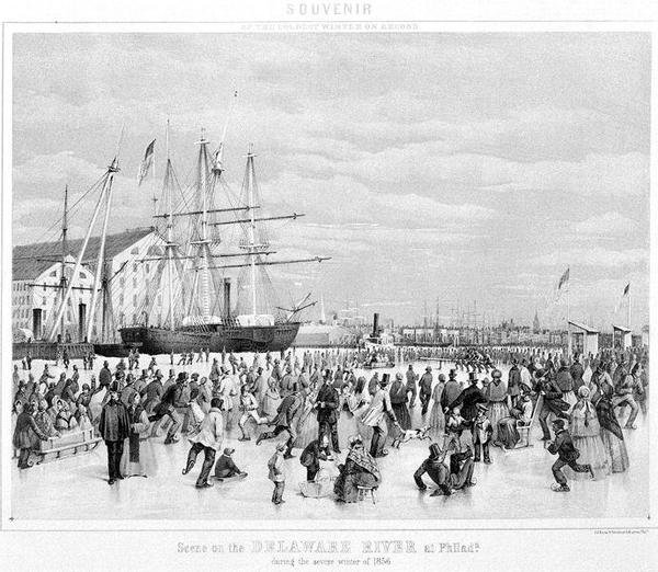 Scene ved Delaware-elven ved Philadelphia under den alvorlige vinteren 1856, ca. 1860 (litho) (s/hvitt-bilde) av James Fuller Queen