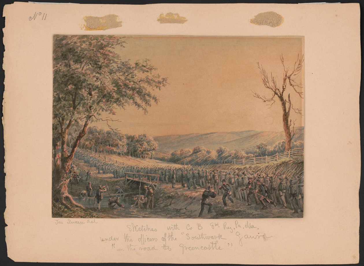 Skisser med Co. B, 8. Reg. Pa. Ma. under offiserene til den gamle Southwark Gaurd [sic] på veien til Greencastle / Jas. Dronning del. Abstrakt/medium av James Fuller Queen