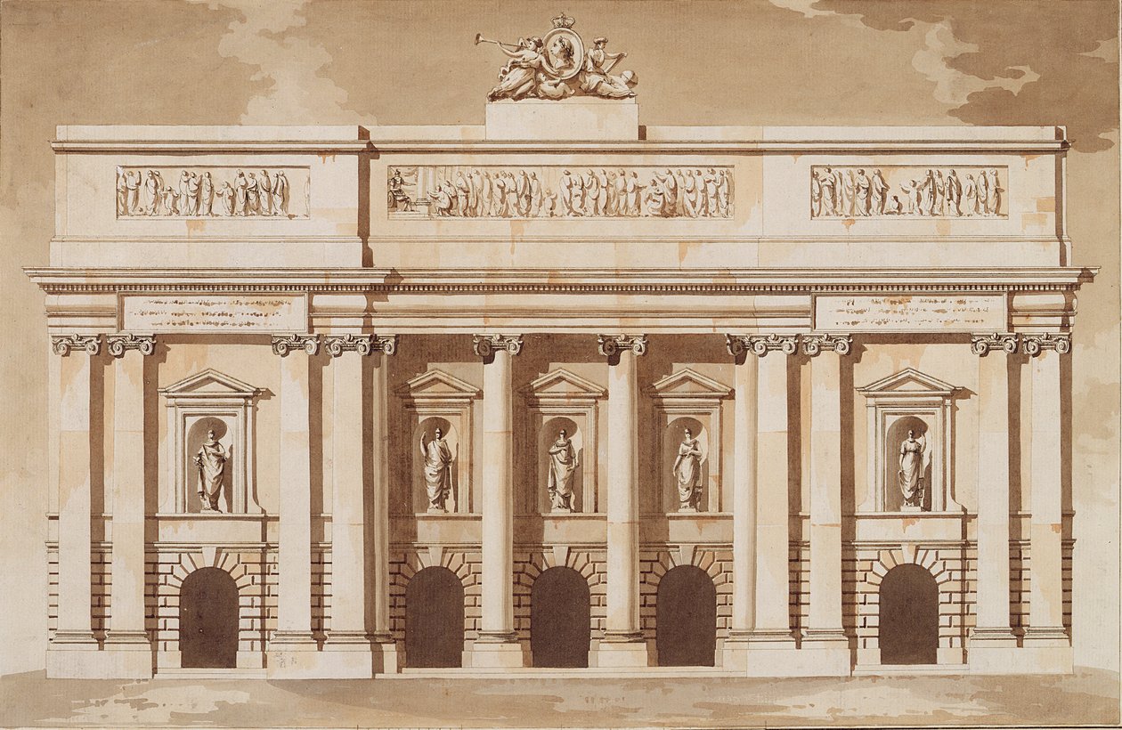 Høyde for vestfronten av Parliament House, Dublin, ca. 1787 (penn og pensel med brunt blekk og wc på lagt papir) av James Gandon