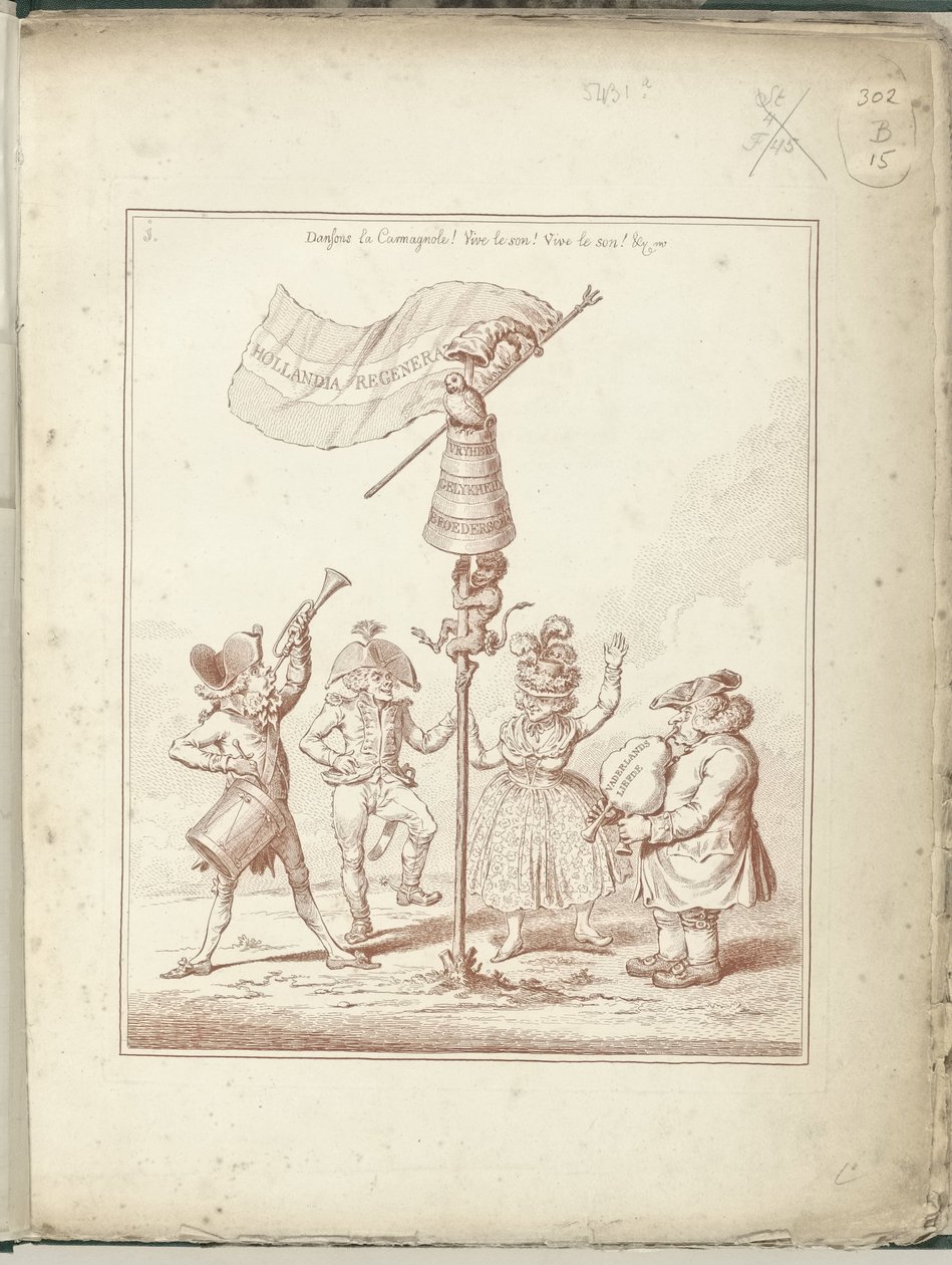 Titelprent av serie Hollandia Regenerata, 1795 Hollandia Regenerata (tittel på objekt) Hollandia Regenerata (serietittel) av James Gillray (possibly)