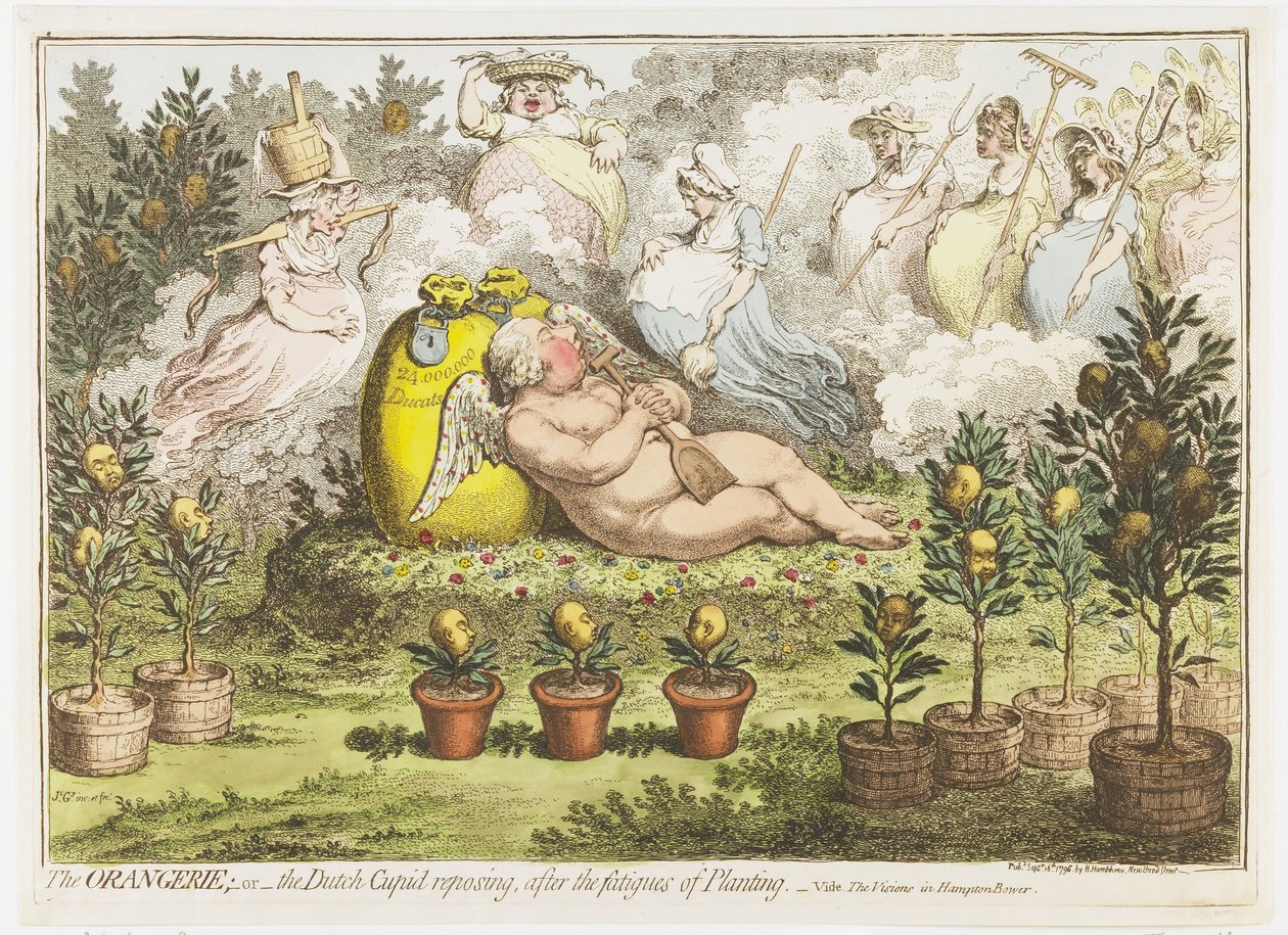 The Orangerie: Den nederlandske amor hviler fra utmattelsen av planting, 1796 Orangeriet; eller den nederlandske amor-stillingen, etter utmattelsen av planting (tittel på objekt) av James Gillray (signed by artist)