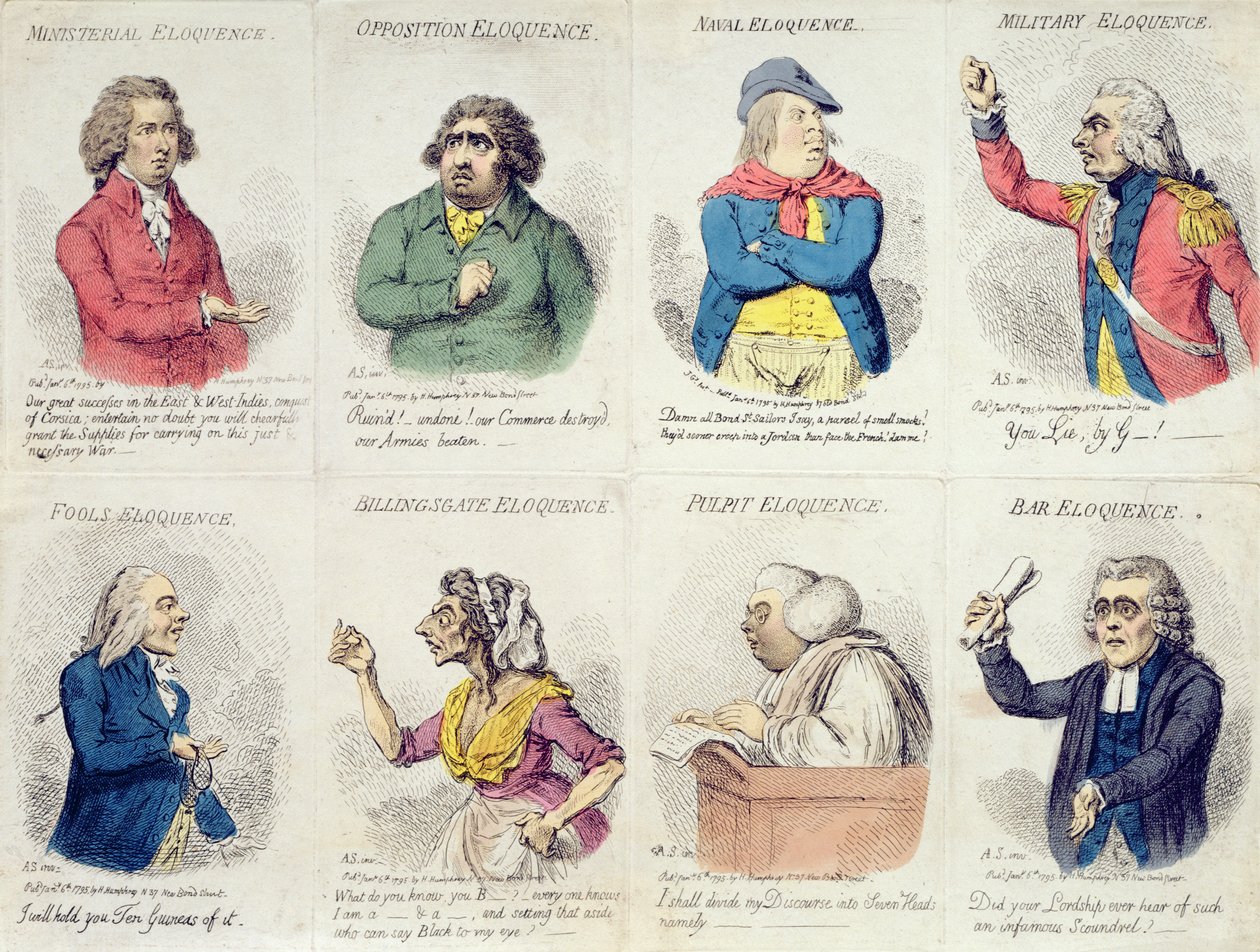 8 vignetter som skildrer veltalenhet, utgitt av Hannah Humphrey i 1795 (håndfarget etsning) av James Gillray