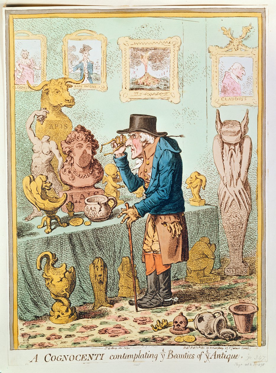 A Cognocenti Contemplating Ye Beauties of Ye Antique, utgitt av Hannah Humphrey, 1801 (håndfarget etsning) av James Gillray
