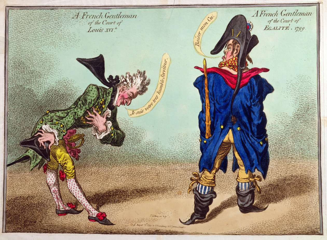 En fransk herre ved hoffet til Louis XVI og en fransk herre ved domstolen i Egalite, utgitt i 1799 (håndfarget etsning) av James Gillray