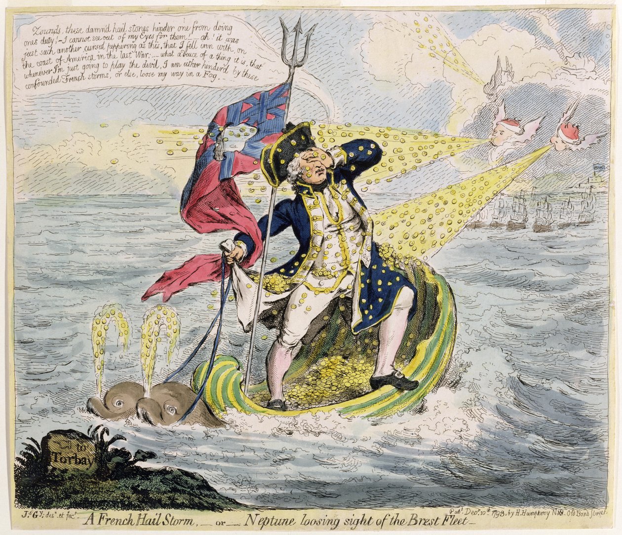En fransk haglstorm, eller Neptun som mister Brest-flåten av syne, utgitt av Hannah Humphrey i 1793 (håndfarget etsning) av James Gillray