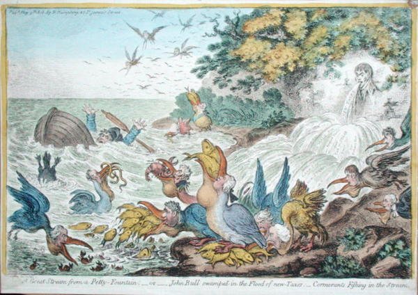 A Great Storm from a Petty-Fountain, eller John Bull oversvømmet i flommen av nye skatter: Cormorants Fishing in the Stream, utgitt av Hannah Humphrey i 1806 (håndfarget etsning) av James Gillray