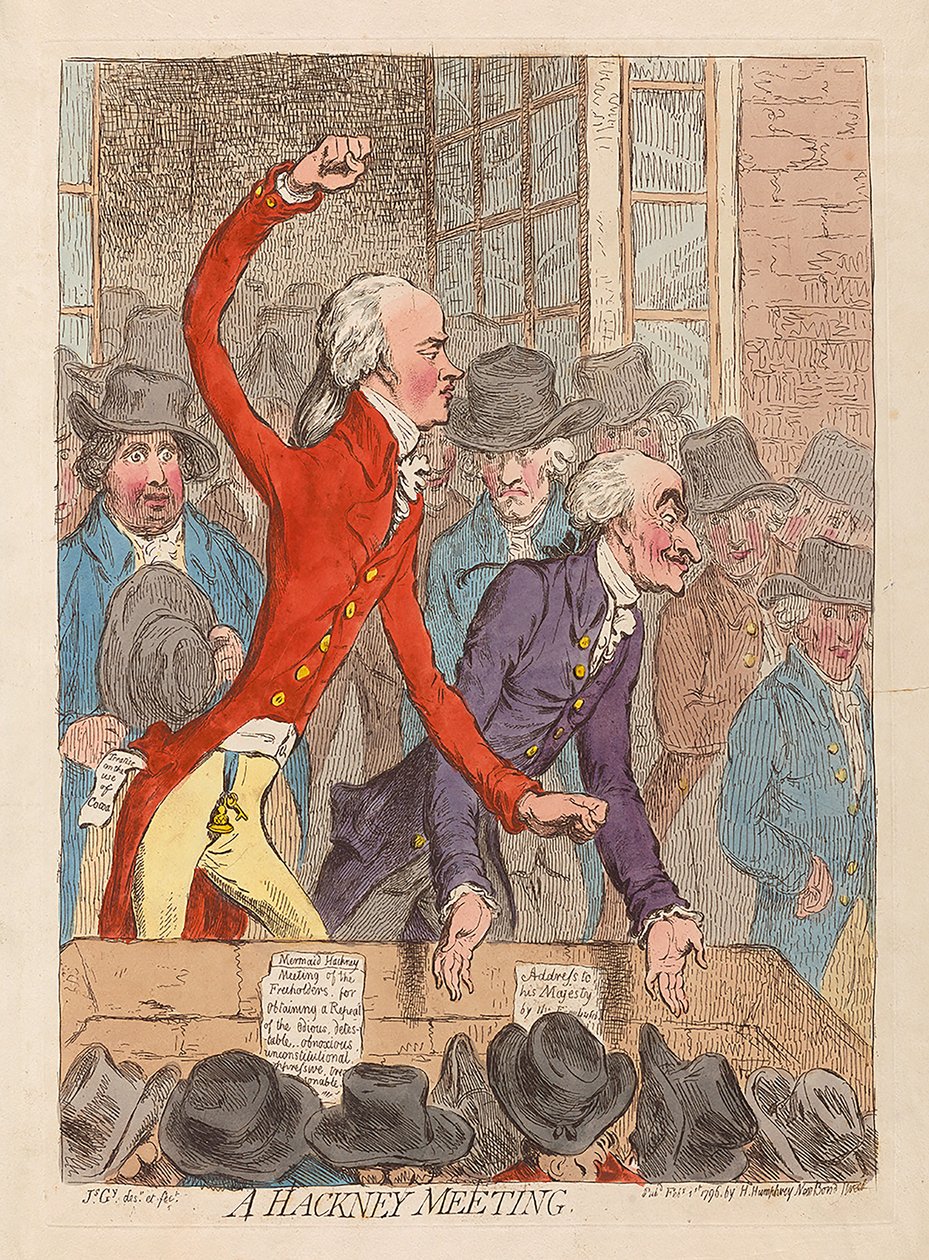 Et Hackney-møte, pub. 1796 (håndfarget gravering) av James Gillray
