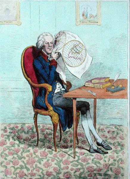 En ivrig politiker som finner ut de britiske erobringene, utgitt av Hannah Humphrey i 1795 (håndfarget etsning) av James Gillray