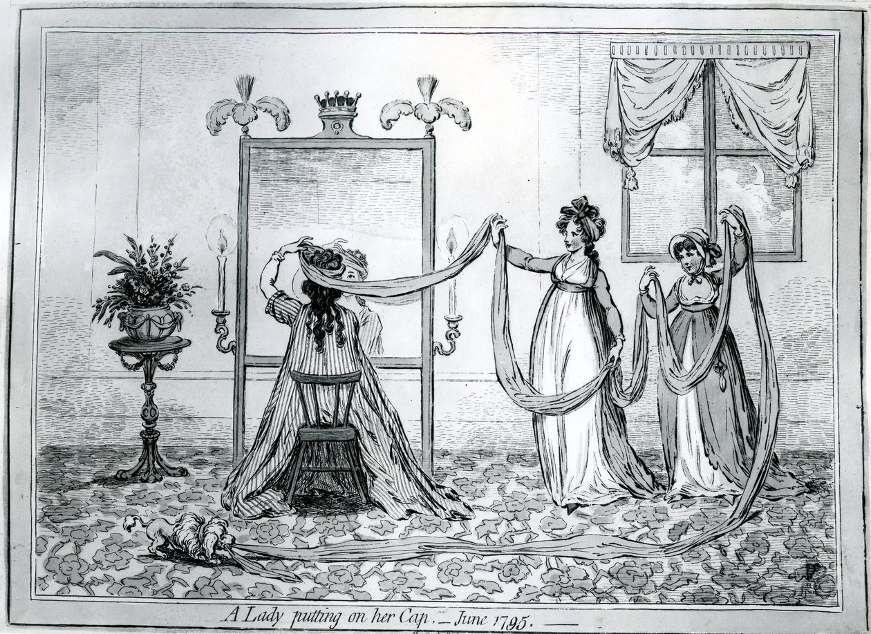 En dame som tar på seg hatten, 1795 av James Gillray